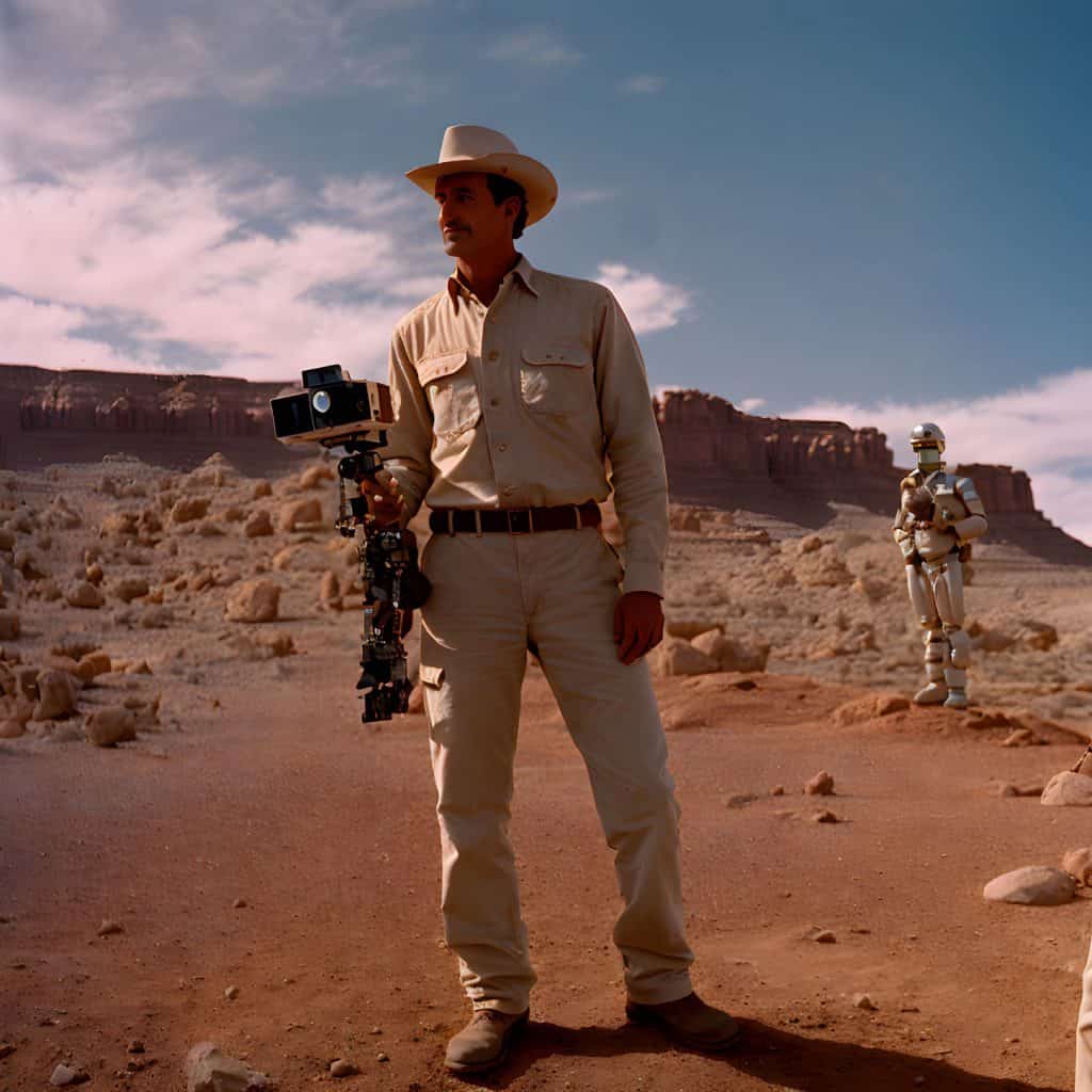 A geologist stands in the desert with modern tools used, including AI in mining.