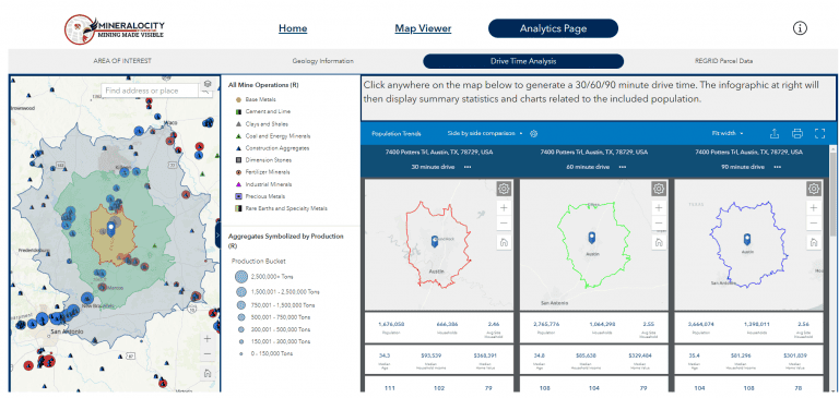 Mineralocity drivetime analysis, showing 30, 60, and 90 mine drivetime radius demographics as well as relative production sizes for aggregates.